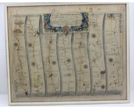 AN ORIGINAL JOHN OGILBY ROUTE MAP showing the journey from Hereford to Leicester, via Coventry and Worcester, later hand colo