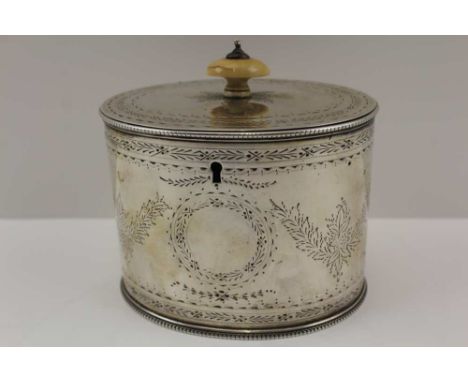 MACKAY &amp; CHISHOLM A VICTORIAN SCOTTISH SILVER TEA CADDY of oval cannister form, having hinged lid with ivory knop handle,