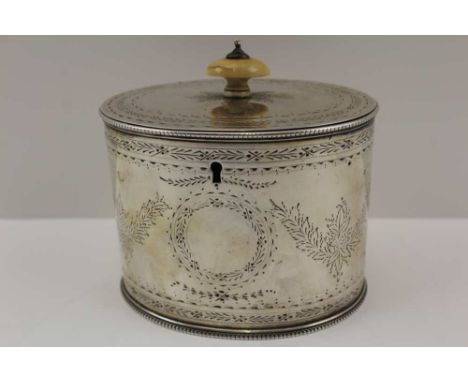 MACKAY &amp; CHISHOLM A VICTORIAN SCOTTISH SILVER TEA CADDY of oval cannister form, having hinged lid with ivory knop handle,