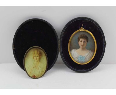  A BRITISH SCHOOL PORTRAIT MINIATURE PAINTING, Shoulder length front facing portrait of a lady in a white gown with a blue bo
