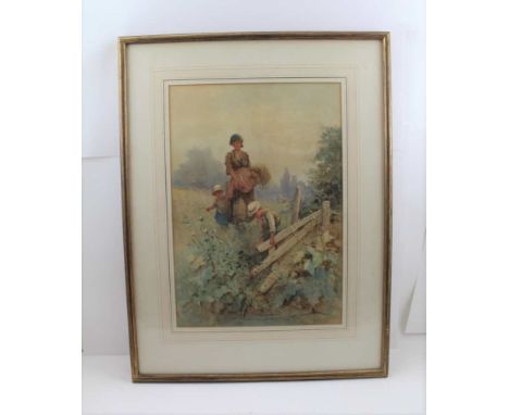 F. MEARNS "Gleaner and Children at the Fallen Fence", Watercolour painting, signed, 42cm x 29cm, gilt framed, mounted and gla