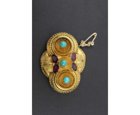 A VICTORIAN BROOCH in the Etruscan taste, inset with a cut amethyst and turquoise beads, in a yellow metal setting with pin a