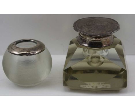 A FACET CUT DESK INKWELL with silver, hinged cover and decorative pie-crust rim, Birmingham 1909, together with a SILVER MOUN