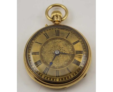 AN 18CT GOLD OPEN FACE POCKET WATCH, engine turned back, decorative gilded dial with Roman numerals, the movement engraved "J