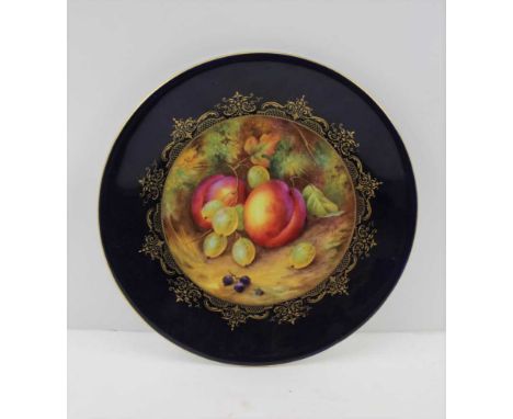 A ROYAL WORCESTER BONE CHINA CABINET PLATE, painted fruits decoration by H.H. Price, gooseberries and plums, within a gilded 