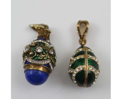 TWO FABERGE STYLE YELLOW METAL OVOID PENDANTS, enamel and stone set with suspension loops, smallest - 2cm 