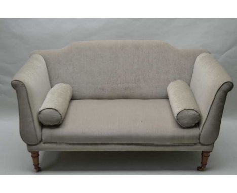 AN EARLY GEORGIAN DESIGN TWO PERSON SETTEE upholstered in gun metal grey fabric, with twin cylindrical bolster cushions, supp