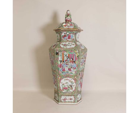 A Chinese Canton enamelled famille rose vase and cover, 19th century, of hexagonal form, painted with figures, birds and flow