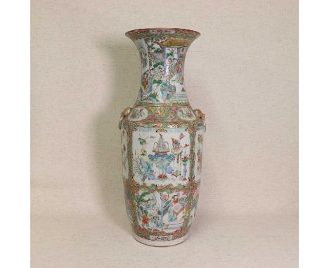 A Chinese Canton famille rose vase,19th century, of tapering form flanked by two mask and ring handles, painted with figures,