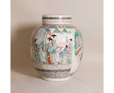 A Chinese famille verte jar and cover, 19th-20th century, of ovoid form, painted with figures in a garden at different pursui