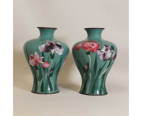 A pair of Japanese cloisonné vases,Meiji period (1868-1912), each of baluster form, decorated with irises against a celadon g
