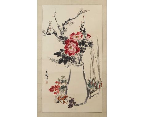 A Chinese gouache painting, 20th century, painted with a vase of blossoming peony and prunus by a planter of narcissus and fr