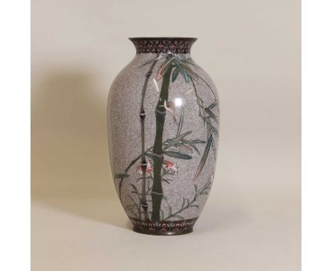 A Japanese cloisonné vase,Meiji period (1868-1912), of ovoid form, enamelled with a snail clambering up bamboo,21cm highSurfa