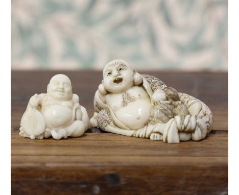 An ivory netsuke,Meiji period (1868-1912), Japanese, of Hotei lying on his side with a cloth sack and mice, wearing a loose r