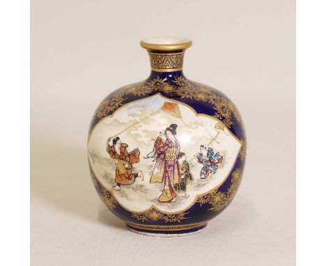 A Japanese Satsuma ware vase,Meiji period (1868-1912), by Okamoto Ryozan, the globular body rising to a flared mouth, finely 