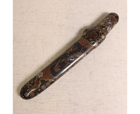 A Japanese cloisonné dagger and scabbard,early 20th century, enamelled with a dragon among sprigs of flowers in a shaped pane