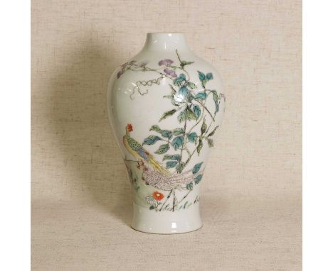 A Chinese famille rose meiping vase, 20th century, painted with pheasants below leafy tendrils, six-character Qianlong mark t