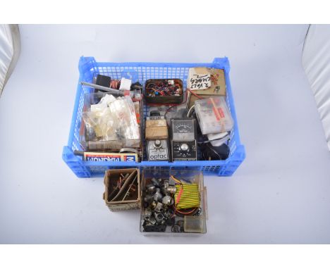 Blue crate containing ENGINE spares, SOUND METER, REV  COUNTER, and CHAP??