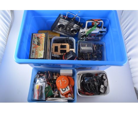 Blue storage box containing FUTABA SKYSPORT 6 TX, box of SERVOS, R/C CHARGERS, SERVO MOUNTS and CHALLENGER TX for spares.