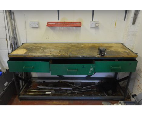 Steel work bench, 6' x 2', with wooden top and engineers vice, three drawersThis lot to be viewed on site by appointment - 01