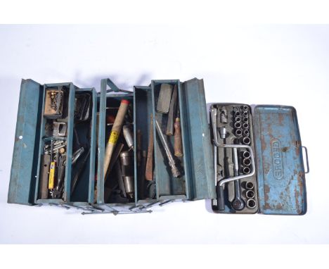 Blue mechanic's toolbox containing various tool and 1/2" GEDORE socket set.