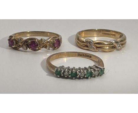Three 9ct gold ladies rings to include one set with ruby and diamonds, and two others, total weight 5.7g Location:If there is