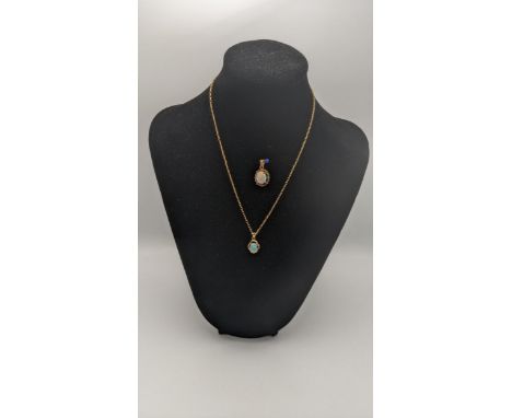 A gold and opal pendant stamped 10k on a 9ct gold box link necklace 39cm L3.1g together with another gold and pear pendant st