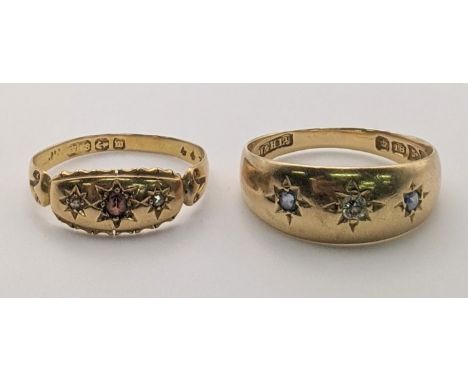 Two ladies 18ct gold rings to include one set with a diamond and sapphires, the other set with diamonds and a ruby, total wei