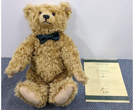 A vintage limited edition Steiff Henderson bear, exclusive to Bears of Witney bear, with Steiff button and tag in ear and Hen