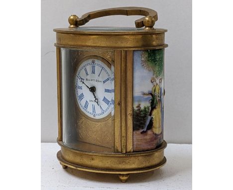 An early 20th century French miniature carriage clock, with painted panels depicting courting couples 10.5h including handle 