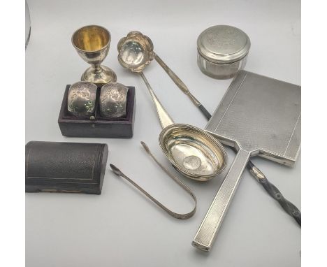 Silver to include a pair of floral engraved napkin rings in a fitted case A/F, a sugar sifter, a toddy ladle A/F, a pair of s