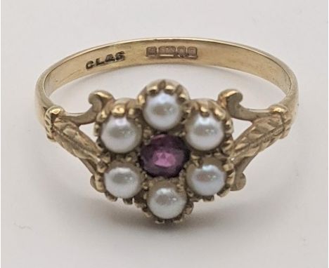 A 9ct gold ruby and pearl daisy ring 1.8gLocation:If there is no condition report shown,  please request 