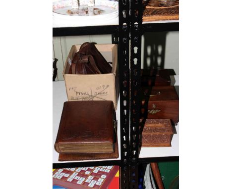 Cabinet portrait album, carved wooden box, tea caddies, bags, etc.