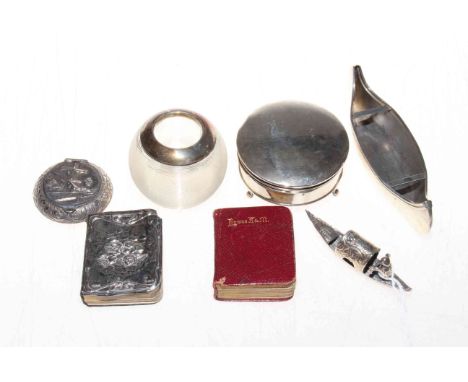 Six silver small pieces; ring box, prayer book, gondola, boat, match striker and patch box, and hymn book (7).