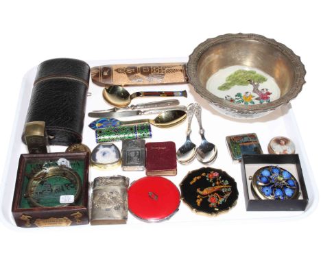 Spirit flask, comports, compass, Oriental bowl, cutlery, etc.