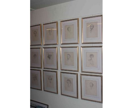 Set of twelve framed portrait sketches and two framed prints.