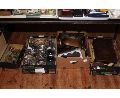 Case of horse brasses and three boxes of silver plate, brass candlesticks, coach lamp, kitchenalia.