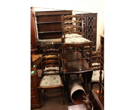 Dark oak dresser, similar corner cabinet, drop leaf dining table and six ladder back chairs.