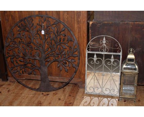 Large circular garden Tree of Life plaque, garden mirror and hanging lantern.