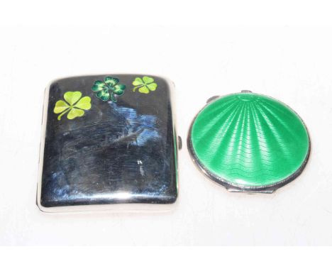 Silver cigarette case with three enamelled four leaf clovers (Vickery, Regent Street), and engine-turned silver and green ena