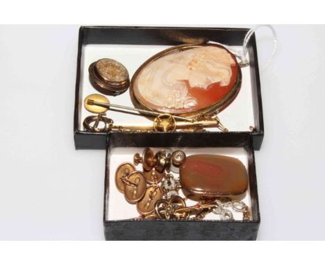 Collection of gold brooches, stick pins and cufflinks, including large cameo brooch.