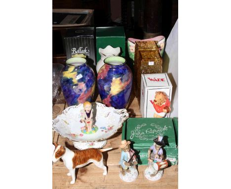 Two boxed Belleek vases, Maling lustre, Monkey Band, Continental figures, Coalport bowl, Wade and Beswick.