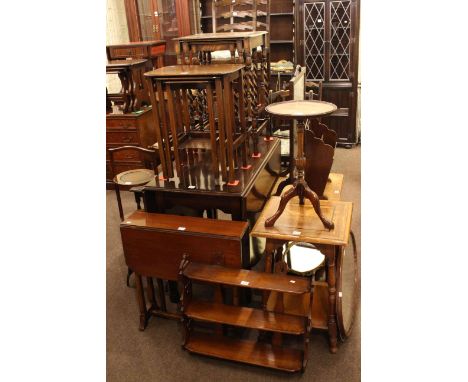 Two nests of tables, four occasional tables, cakestand, Sutherland table, wall rack, firescreen, magazine rack, table base, t