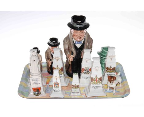 Set of three graduated Royal Doulton Winston Churchill Toby's, seven crested Cenotaph's and Beswick dog.