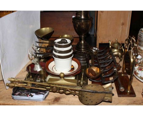 Assortment of metalware including lamp, scales, pans, etc.