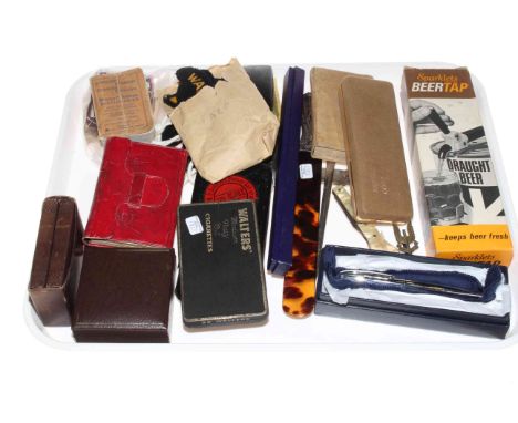 Tray of collectables including letter openers, coins, Aquascutum pen, cloth badges, lighter etc.