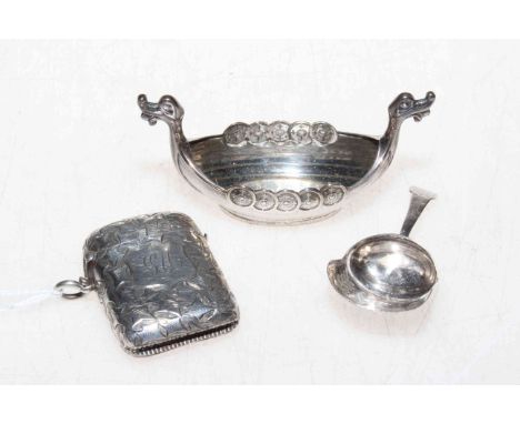 George III silver caddy spoon, Birmingham 1808, engraved silver vesta case and Sterling Viking ship (3).