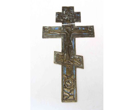 Russian gilt bronze crucifix with wording verso, 27cm.