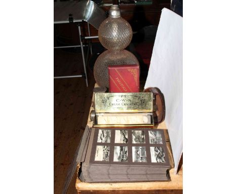 Double gourd lamp, Stereoviewer, cigarette cards, Darlington Albumen photograph album and a tin of Stereoview cards including