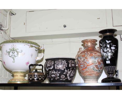 Satsuma vase, large china urn, jardiniere, floral glass vase and teapot.